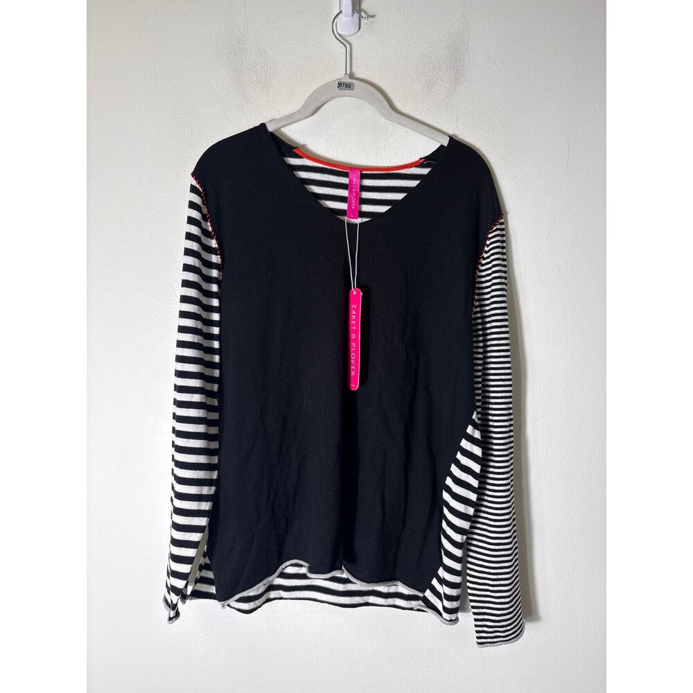 NWT Zaket & Plover Black And White Stripe Long Sleeve V-Neck Top Sz L